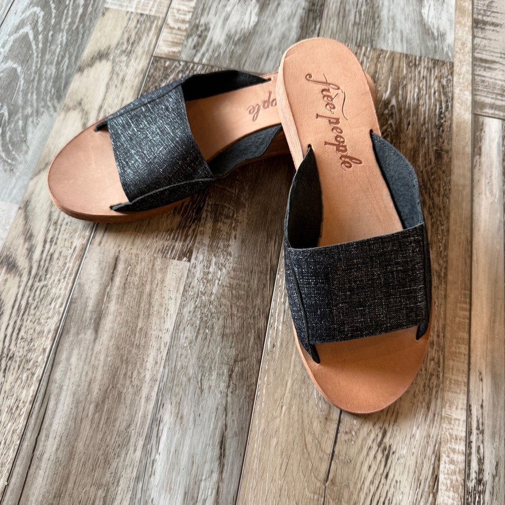 Free People Day Bird Mini Wedge Boho Slide Sandal Metallic Black 36 Artisanal